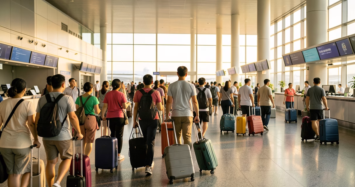Hành khách tại sân bay chuẩn bị đi du lịch